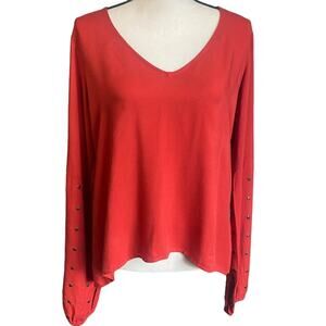 For Love & Lemons Red V-Neck Studded Balloon Sleeve Shirt Women's Medium